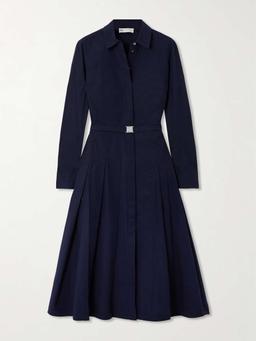 Belted cotton-blend poplin midi shirt dress