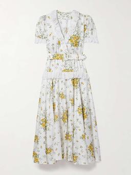 Belted broderie anglaise cotton-trimmed floral-print silk-twill maxi dress
