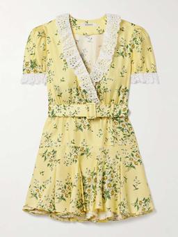 Belted broderie anglaise cotton-trimmed floral-print silk-twill mini dress