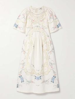 Vesna broderie anglaise-trimmed embroidered cotton and linen-blend midi dress