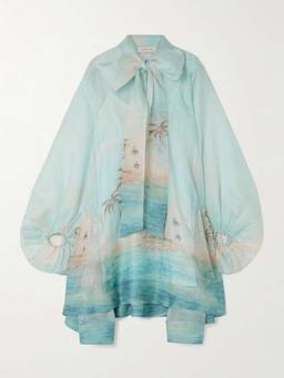 Illuminate Billow pussy-bow printed linen and silk-blend mini dress