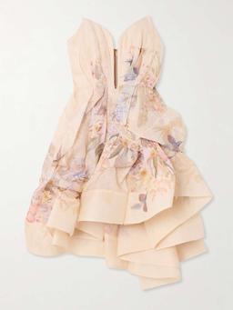 Illuminate draped floral-print linen and silk-blend mini dress