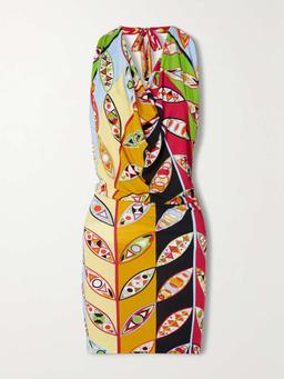 Printed satin-crepe halterneck mini dress