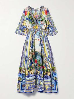 Crystal-embellished printed silk crepe de chine maxi dress