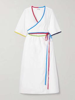 Ribbon grosgrain-trimmed cotton-poplin midi wrap dress