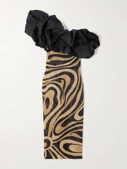 Marmo one-shoulder ruffled cotton poplin-trimmed printed mesh maxi dress