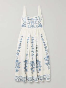 Miramar Floritura gathered embroidered linen midi dress