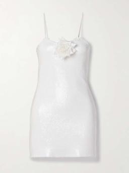 Embellished silk-trimmed sequined tulle mini dress