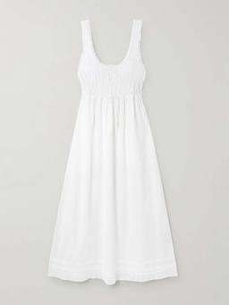 Juliet bow-embellished lace-trimmed shirred cotton-poplin midi dress