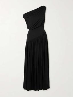 One-shoulder asymmetric draped jersey-trimmed stretch-bamboo maxi dress