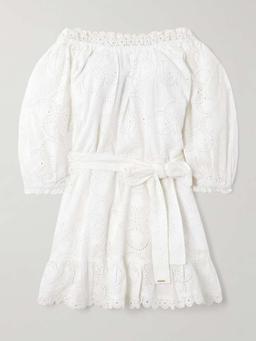 Avi belted off-the-shoulder broderie anglaise cotton mini dress