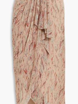 Wrap-effect metallic printed knitted midi skirt