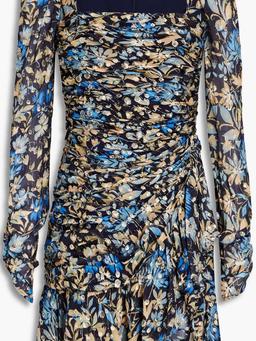Ruched floral-print metallic fil coupé mini dress