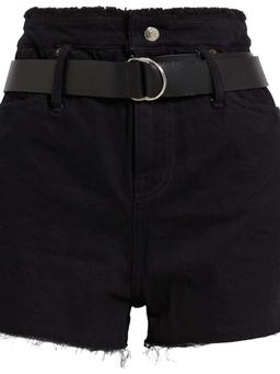 Magnetic belted shearling-trimmed denim shorts