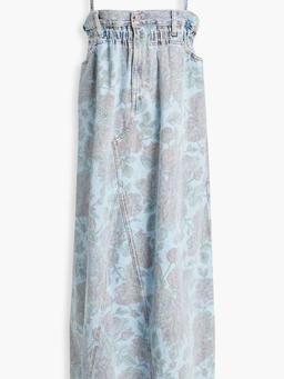 Gathered floral-print denim midi dress