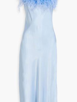 Feather-embellished satin midi slip dress