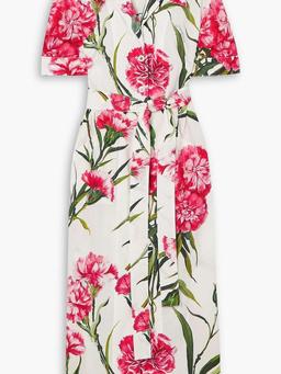 Belted floral-print cotton-poplin midi shirt dress