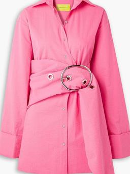 Belted cotton-seersucker mini shirt dress