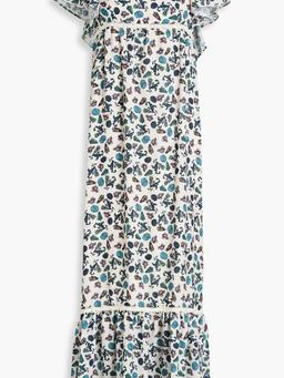 Printed crochet lace-trimmed crepe midi dress