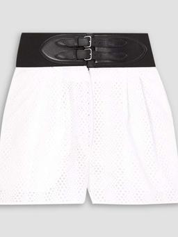 Belted leather-trimmed broderie anglaise poplin shorts