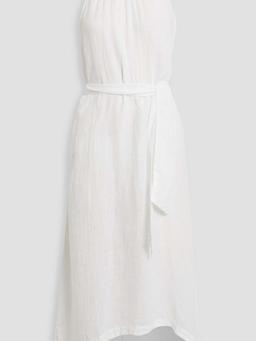 Belted embellished linen midi dress