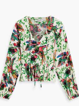 Breanna gathered printed linen-blend gauze blouse