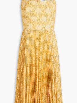 Cutout pleated printed jacquard dress