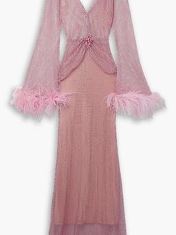 Feather-trimmed crystal-embellished mesh maxi dress
