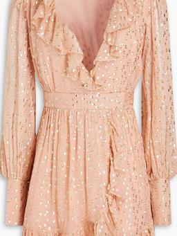Ruffled metallic fil coupé silk-blend mini wrap dress