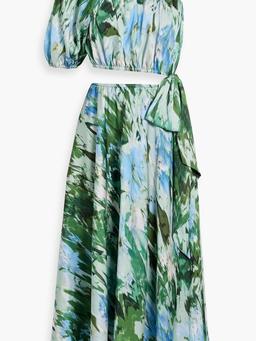 One-shoulder cutout printed satin-twill midi dress