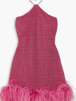 Lumière feather-trimmed metallic stretch-knit halterneck mini dress