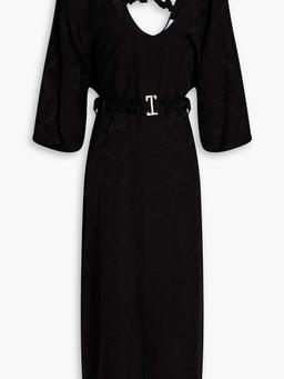 Belted satin-jacquard midi dress