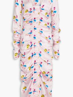 Ruched floral-print stretch-silk satin midi dress