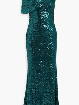 One-shoulder draped sequined tulle gown