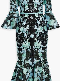 Off-the-shoulder fluted embroidered tulle midi dress