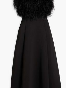 Strapless belted faux feather-embellished scuba midi dress
