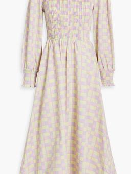 Shirred checked twill midi dress