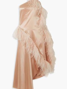 One-shoulder asymmetric feather-trimmed silk-satin dress