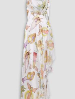 Asymmetric draped printed silk-satin maxi slip dress