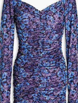 Ruched floral-print mesh mini dress