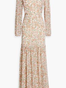 Gathered floral-print crepe de chine maxi dress