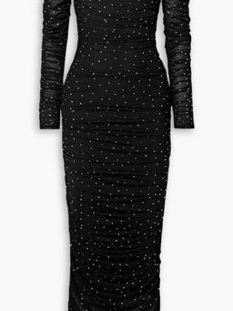 Aria off-the-shoulder crystal-embellished ruched stretch-mesh maxi dress