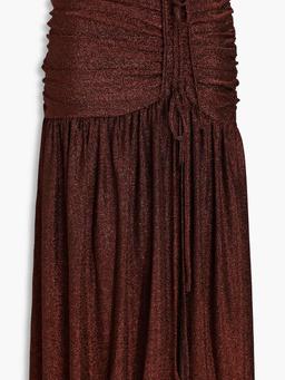 Ruched metallic jersey midi skirt
