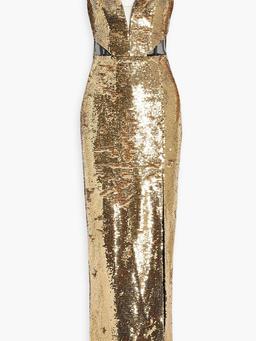 Tulle-paneled sequined chiffon gown