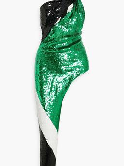 One-shoulder asymmetric sequined silk-chiffon jumpsuit