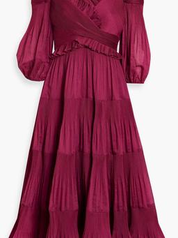 Cold-shoulder plissé-organza midi dress