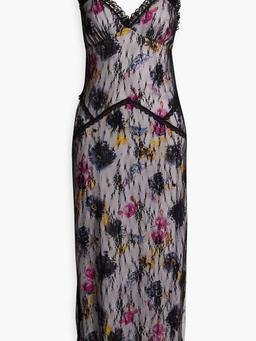 Layered floral-print crepe de chine and lace midi dress