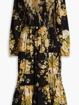 Off-the-shoulder gathered floral-print crepe midi dress