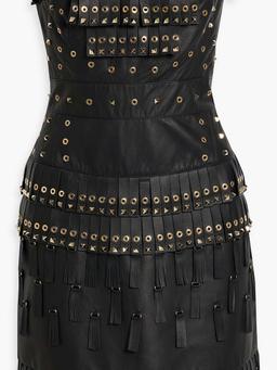 Strapless embellished fringed leather mini dress