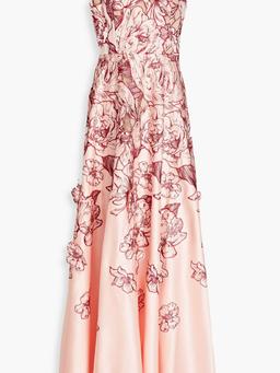 One-shoulder embroidered duchesse-satin gown